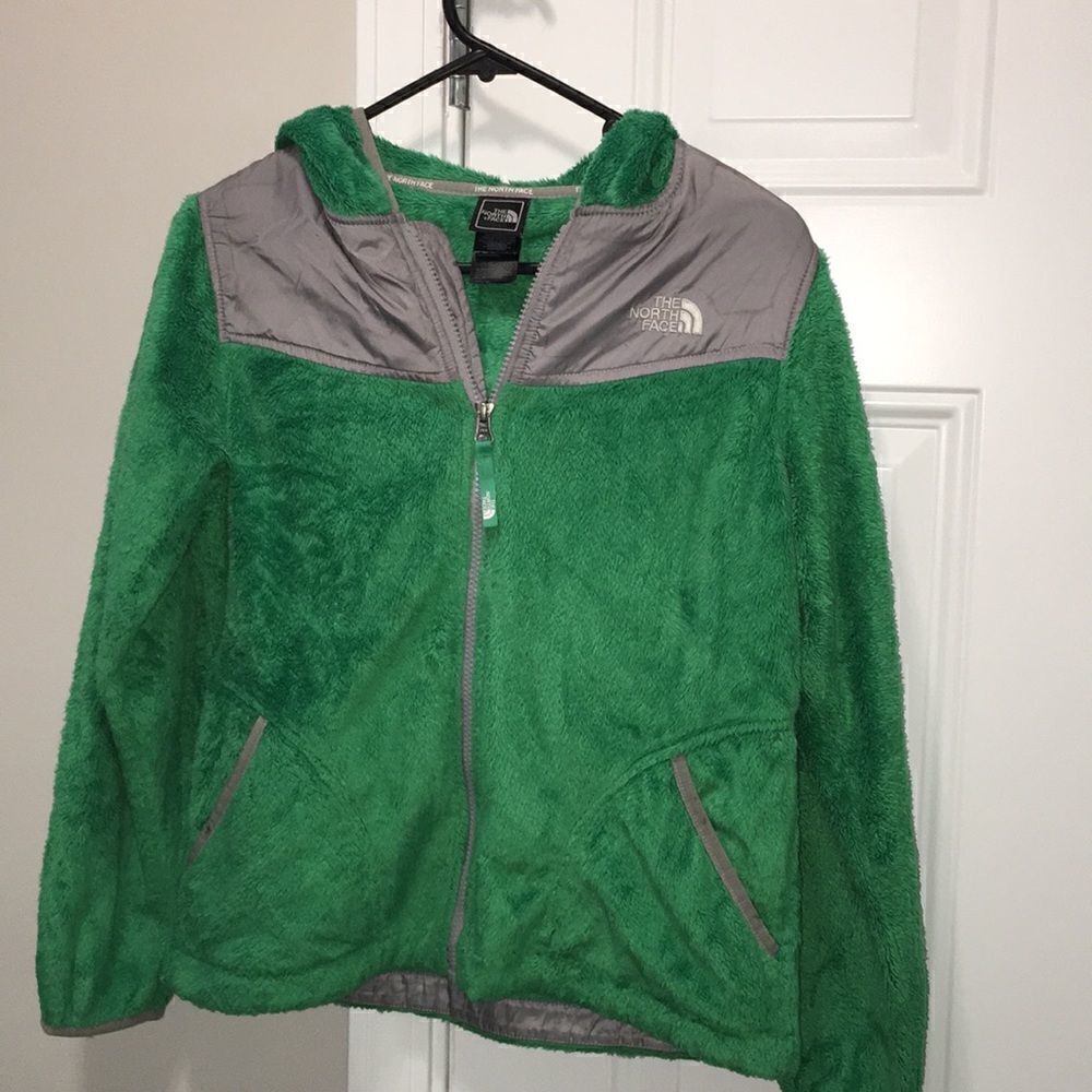 green & gray soft girls kids snowboard North Face fleece hoodie hooded jacket L